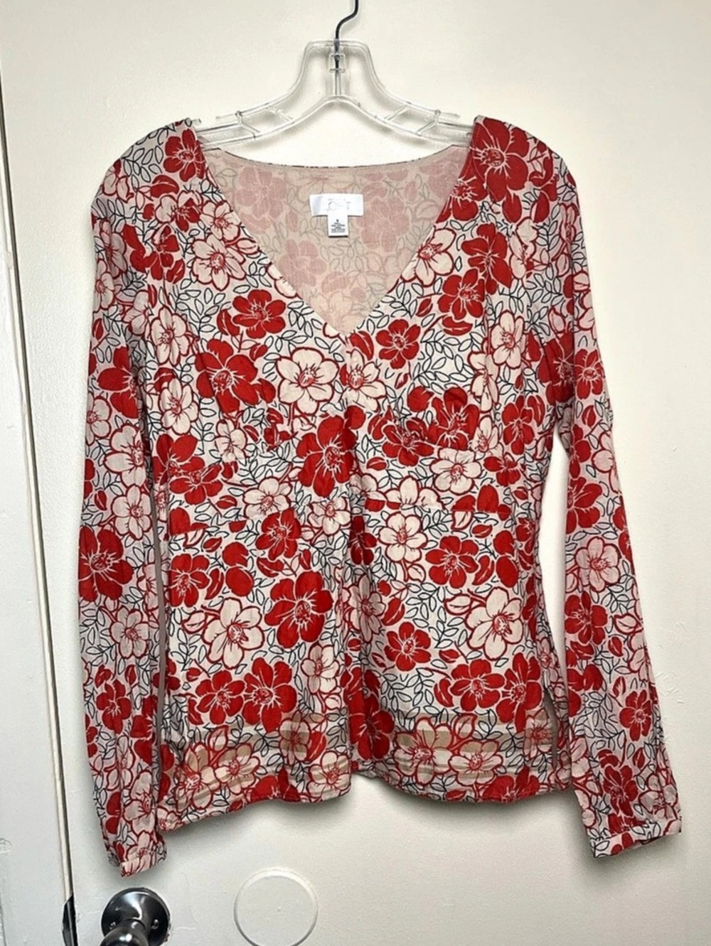 Women’s Ann Taylor LOFT Vacation Floral V-Neck Blouse Lined Red White Size 8